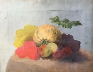 Ölbild Stillleben mit Früchten Kürbis 19. Jahrhundert Antik 33 x 43 cm Anonym - Bild 1 von 12