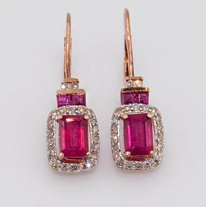 14K Pink Gold Ruby & Diamond Drop Earrings – Vintage-Inspired with Lever Backs - Picture 1 of 11