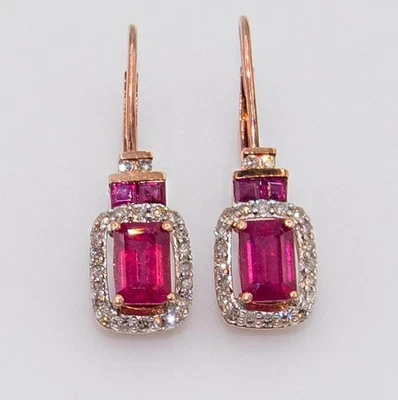 14K Pink Gold Ruby & Diamond Drop Earrings – Vintage-Inspired with Lever Backs - Image 1 of 4