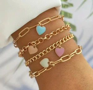 4er Set zierliche Pastell Herz Gold Armbänder Liebe Damen Armband Geschenk ☂️ - Bild 1 von 8