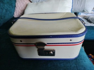 Vintage Travel/Train Makeup Vanity Hard Case - White w/ Red & Blue Striping - Image 1 of 4