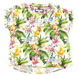 Tommy Bahama Island Soft Cotton Green Pink Tropical Floral Cap Sleeve Blouse S - Picture 1 of 5
