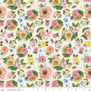 SWEET SPRING FLORAL ~ Ivory Background ~ Riley Blake ~ Lovely Pink Yellow Roses - Picture 1 of 1