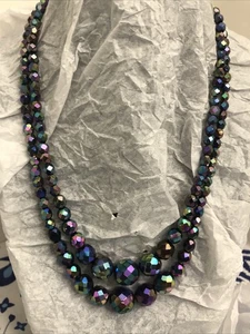 Vintage Purple Peacock 2 Strand Crystal AB Glass Bead Necklace 18” - Picture 1 of 5