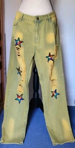 Pantalone Jeans GIALLO Lavaggio Acido Stella Patch 38x30 ☆HYPE☆ Artsy Streetwear - Foto 1 di 16
