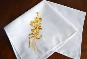VINTAGE HANKY LARGE EMBROIDERED GOLD YELLOW SATIN STITCH FLORAL BOUQUET COTTON - Bild 1 von 4