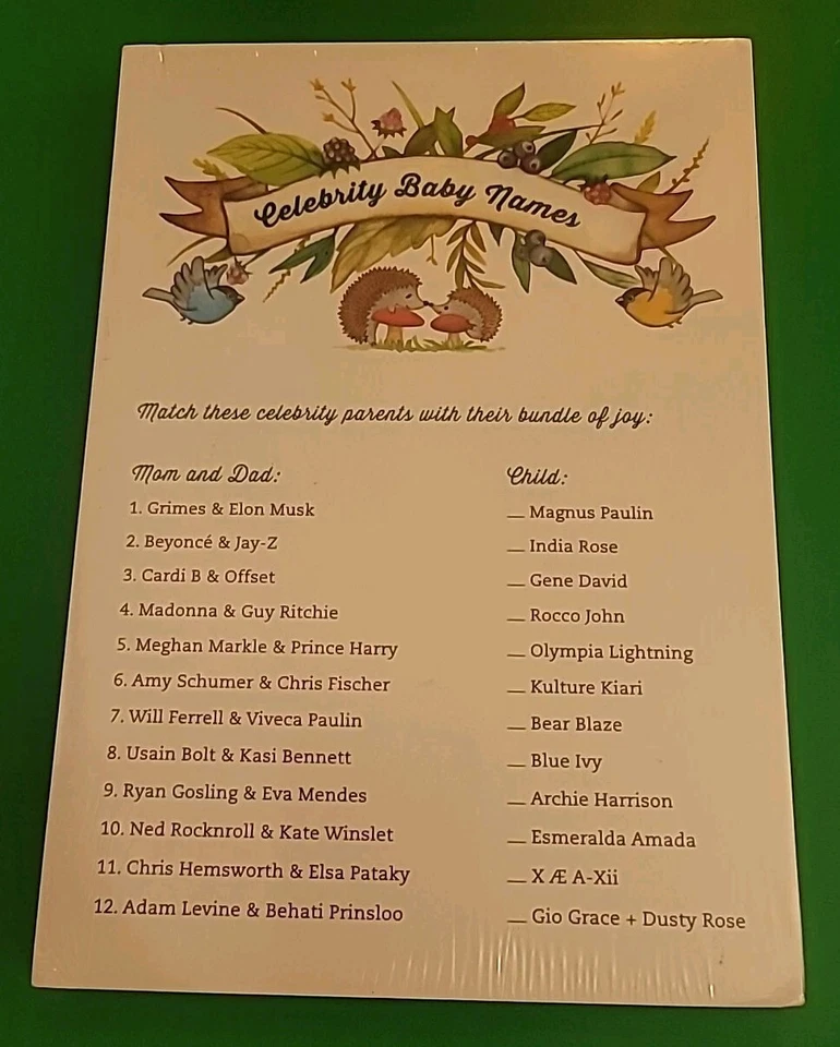 Tarjetas de juego de baby shower impresas (50) animales del bosque celebridad nombres de bebé-coincidencia  Foto 1 de 4