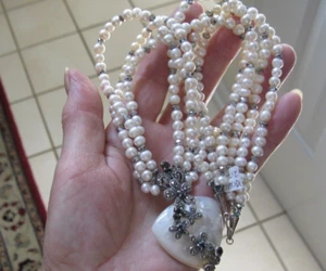 Genuine Pearl Beads Marcasite Black Stone Strands 925 SS Choker Necklace Pendant - Picture 1 of 15