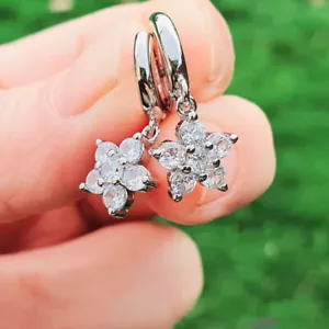 925 Sterling Silver CZ Flower Dangle/Drop Hoop Huggie Earrings Women Girl Gift - Picture 1 of 9