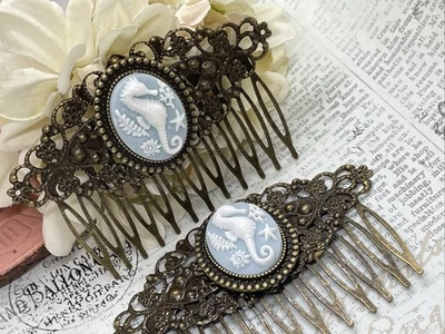 Pair of Bronze Barrette Jewelry Hair Comb Cameo Seahorse Sea Horse Beach Wedding - Image 1 of 4