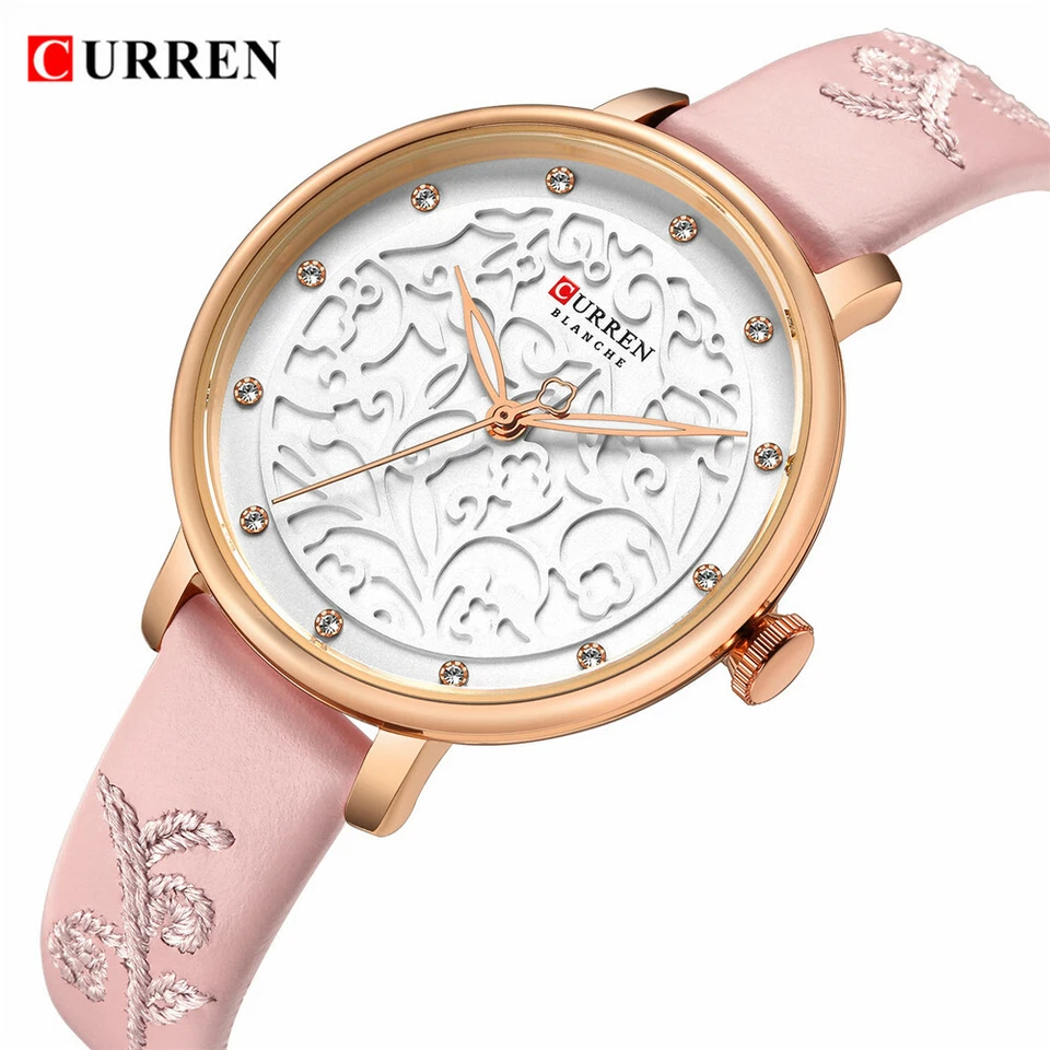 CURREN Women's Quartz Elegant Watch Flower Leather Strap Rhinestone Wristwatch Foto 1 de 1