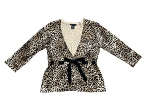 Sarah Spencer 3/4 Silk Cheetah Cardigan Sweater with Ribbon Bow Sz Large - Picture 1 of 7