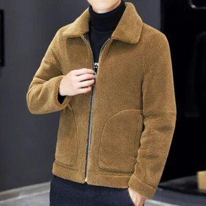 Mens Lamb Wool Fur Reversible Short Coat Jacket Outwears Lapel Collar Zipper New - Picture 1 of 22