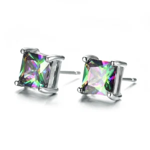 6MM Gorgoue Shiny Square Cut Rainbow Mystic Topaz Gems Silver Stud Hook Earrings - Picture 1 of 6