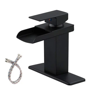 Bathroom Sink Faucet Black Single Handle Basin Waterfall Spout Mixer Tap w/Cover - Picture 1 of 11