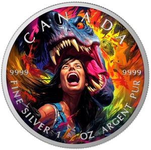 2025 Canada Maple Leaf Dino Attack Colorized 1 oz Silver Coin in capsule w/ COA - Picture 1 of 5