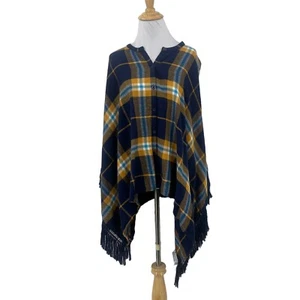 Volcom Poncho Womens XS/S Navy Plaid Cotton Button Front Tassel Fringe Trimmed - Picture 1 of 10