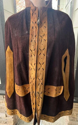 Poncho Capa Cuero 2 Tonos Gamuza Marrón Era Hippie Años 60 De Colección Foto 1 de 4