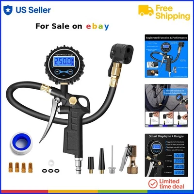 Digital Bike Tire Pressure Gauge Stainless Steel Presta Schrader Adapter Mult... - Image 1 of 4