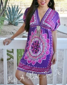 New PURPLE PINK HIPPIE MEDALLION KIMONO SLEEVE MINI DRESS TUNIC ONE SIZE S M L - Picture 1 of 6