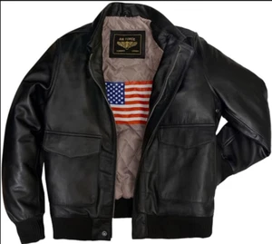 Men Airforce Black Leather Casual Slim Fit Real Biker Jacket - Picture 1 of 5