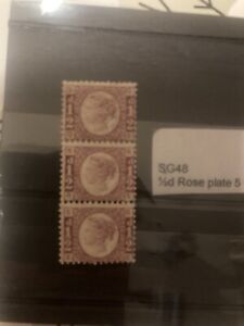 1/2 d rose plate 5 Vertical Strip of 3 Rare - UNUSED - no gum - 7 photos