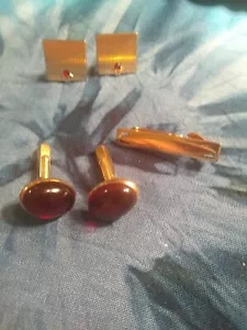 Vintage Swank cuff links gold tone with red stone, With Tie Clip.  - Picture 1 of 3