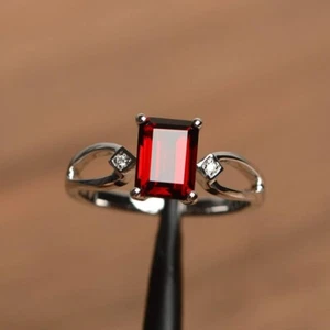 Emerald Cut Natural Garnet January Birthstone Gemstone Ring 925 Silver Size 7US - Picture 1 of 4