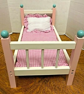 Doll Bed 19" w/Pink/White Bedding New WOOD Item & Needs Easy Assembly - Picture 1 of 2