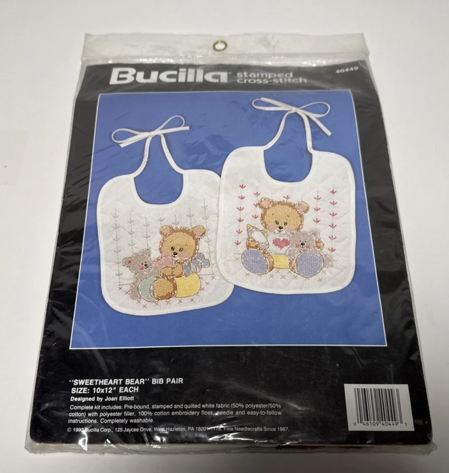 Bucilla Sweetheart Bear Bib Pair Stamped Cross Stitch Kit 40449 Vtg FRSH