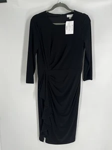 NWT CALVIN KLEIN black 3/4 sleeve dress size 8 side ruffle stretch career wear - Picture 1 of 10