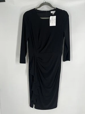 NWT CALVIN KLEIN black 3/4 sleeve dress size 8 side ruffle stretch career wear - Изображение 1 из 4