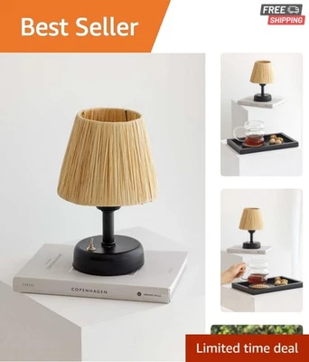 Многоцветная лунная лампа с рафией и плетеной тканью - стильное портативное настольное освещение - Изображение 1 из 4