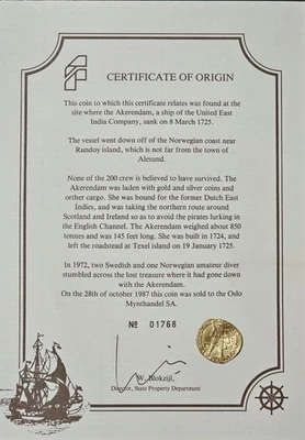 1724 Países Bajos Utrecht oro Ducat Akerendam naufragio con certificado de autenticidad Foto 1 de 3