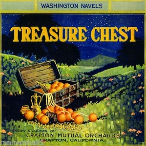 Crafton Mentone Treasure Chest Pirate Orange Citrus Fruit Crate Label Art Print - Picture 1 of 1