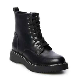 WOMEN'S STEVE MADDEN BRITTON COMBAT BOOTS BLACK LACE UP BLACK FAUX LEATHER 6.5 - Picture 1 of 17
