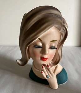LG VNTG TRIMONT WARE JAPAN MOLDED LADY HEAD VASE 7" TALL W/RING ~ PEARLS ~ TAG - Picture 1 of 12