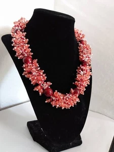 36 - Handmade Red Pink Seed Pearl Chunky Beaded Choker Necklace Statement Party - Picture 1 of 7