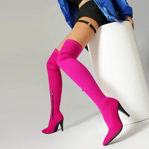 Womens Thigh High Stiletto Heel Boots Zip Pointed Toe Over The Knee Stretch Boot - Picture 1 of 23