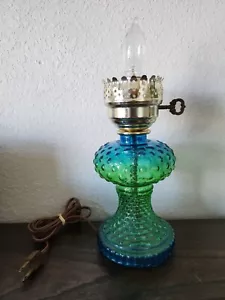 Vintage Electric Glass Oil Lamp Style Base Table Blue Green MCM Retro Hobnail - Picture 1 of 12