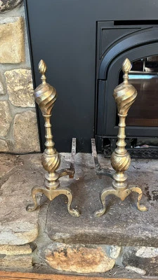 "Par de chimeneas antiguas de latón federal espiral torcida Andirons Firedogs, 23"" de alto" Foto 1 de 4