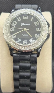 Ladies Geneva Platinum Silver Tone Paved Bezel Black Rubber Band Analog Watch - Picture 1 of 5