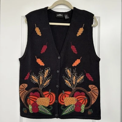 Vtg One Resource Harvest Thanksgiving Sweater Vest L Grannycore Embroidered 90s - Image 1 of 4