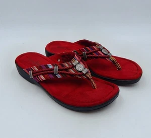 Minnetonka Raz Thong Sandals Women SZ 7 Slip-On Fabric Red Multicolor Flip Flop - Picture 1 of 10