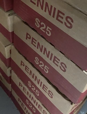 $25 Sealed Bank Box Of 2,500 Pennies ~ 50 SEALED OBW-Wheats, Copper And Errors - Image 1 of 3