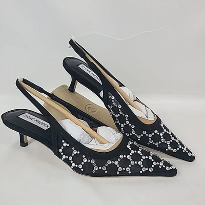 NIB Steve Madden Women's Kari Slingback Rhinestones Black Heels Sz 5 - Image 1 of 4