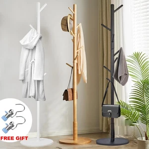 Wooden Coat Stand Round Base Freestanding Hallway Coat Rack Tree, 8 Hooks - Picture 1 of 21
