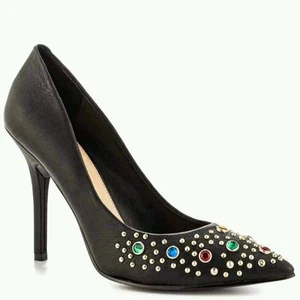 GUESS PLASA POINTED TOE PUMPS BLACK LEATHER WITH EMBELLISHMENTS DETAILS SIZE 8.5 - Picture 1 of 5