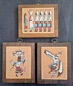 Set of 3 rainbow Way Native American sand art pictures 13.5x11cm on wood blocks - Picture 1 of 7