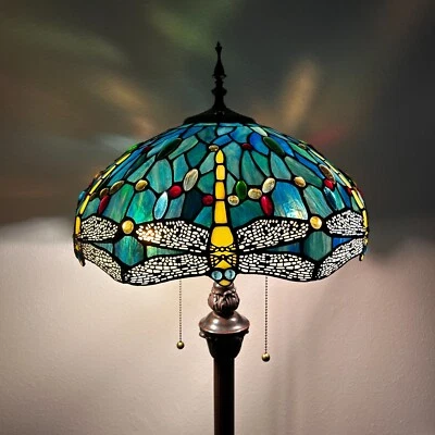 Tiffany Style Floor Lamp Dragonfly Green Blue Stained Glass Metal Base 64”H*16"W - Image 1 of 4